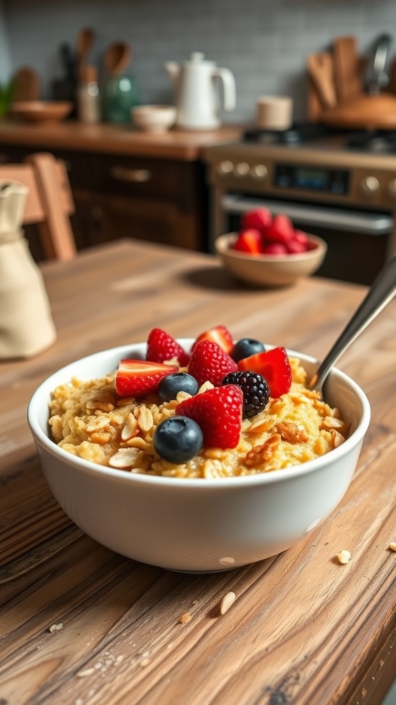 Vegan baked oats topped with berries and nuts on a wooden table.